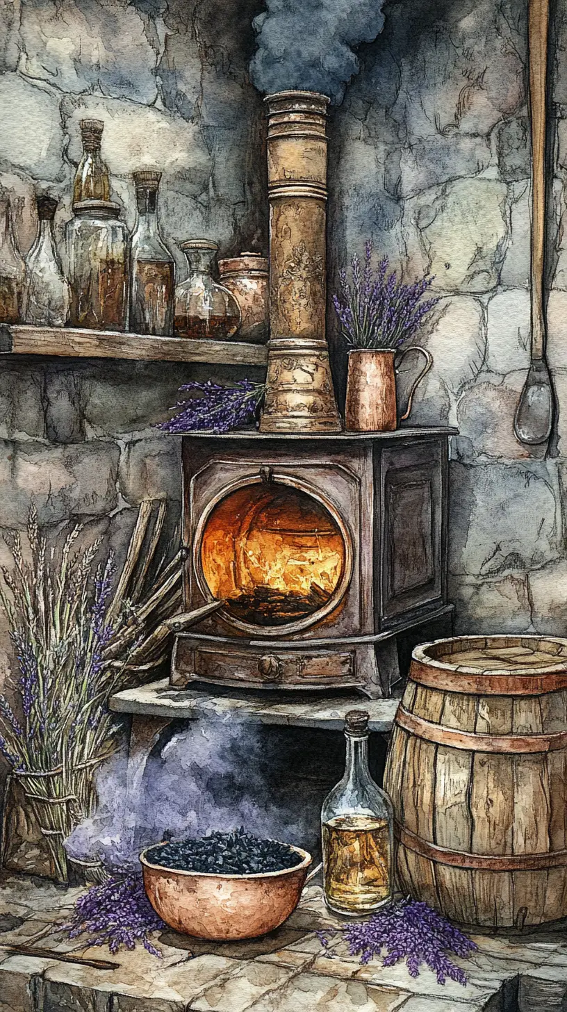 Old herbalist woman bottling liqueur by a witch cauldron