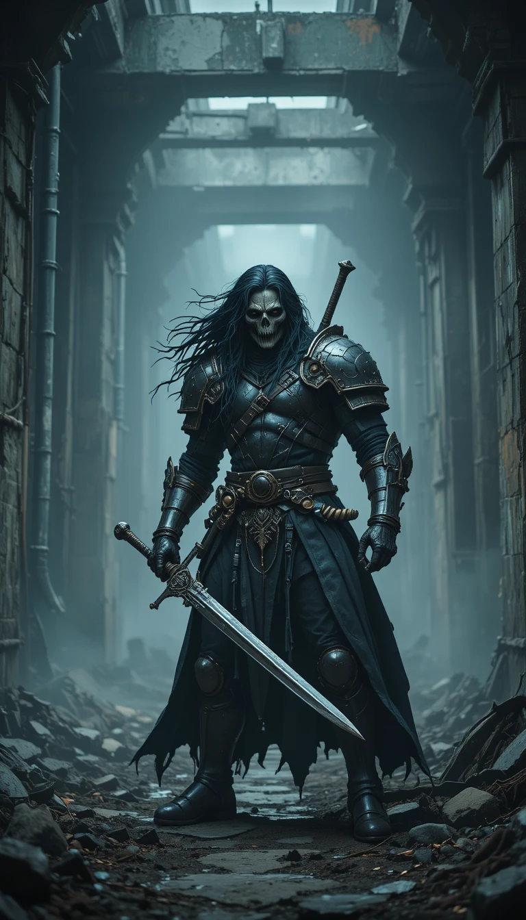 Dark fantasy warrior in armor with sword in industrial ruins