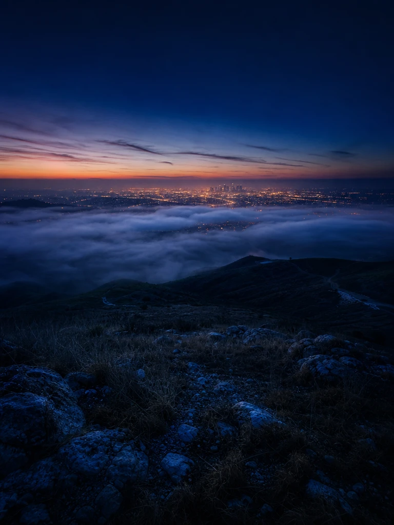 Foggy hilltop overlooking a distant glowing city skyline