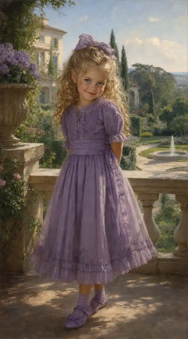 Little girl on a villa terrace in soft morning light