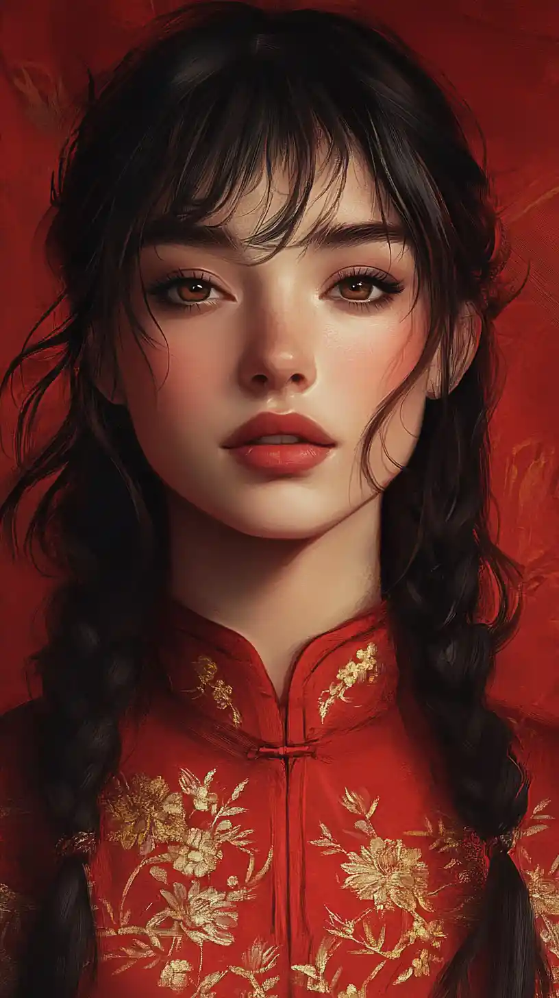 Calm girl in red braid against vibrant minimalist background