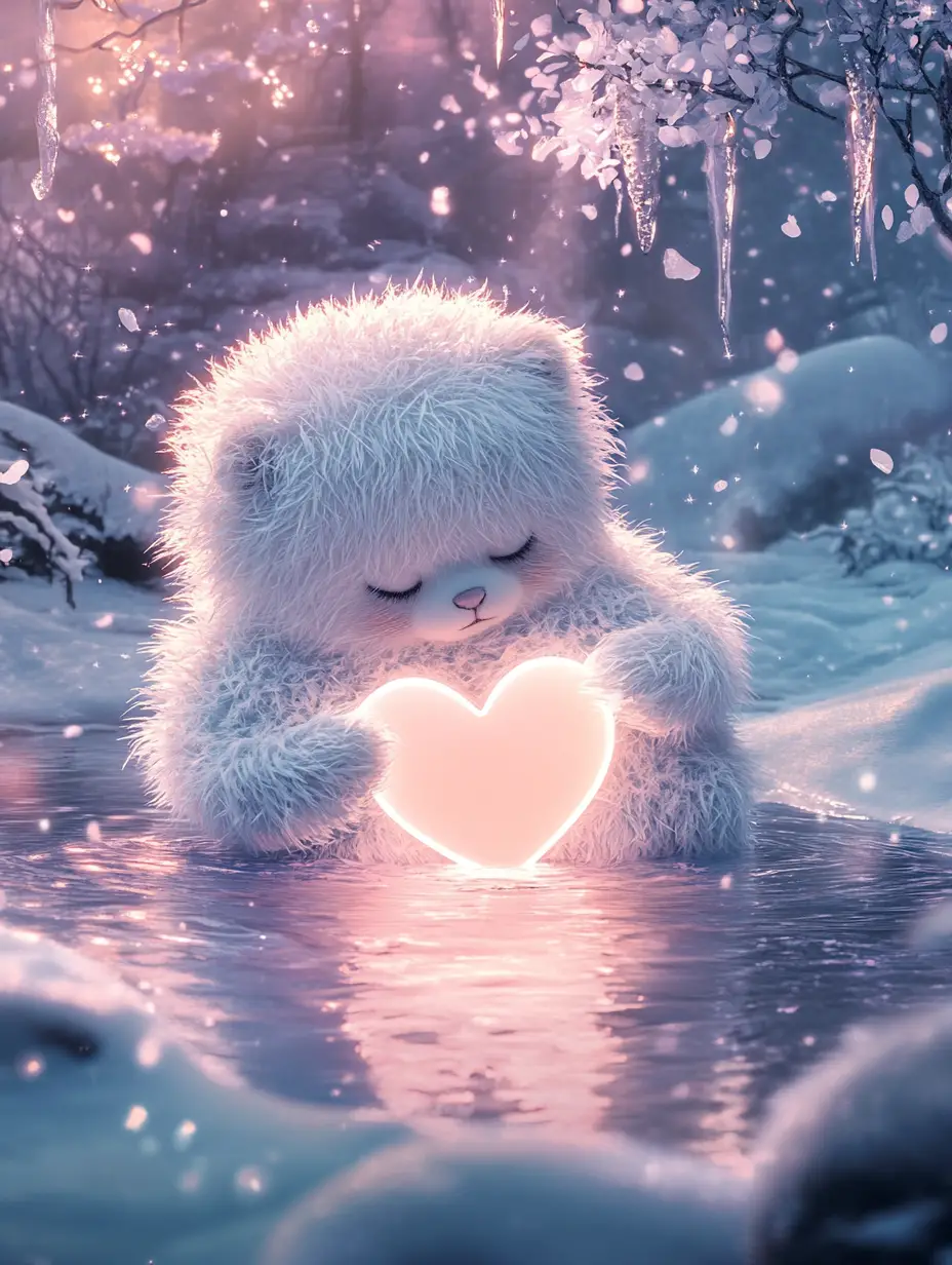 Cucciolo di yeti che sguazza in una magica piscina ghiacciata a forma di cuore