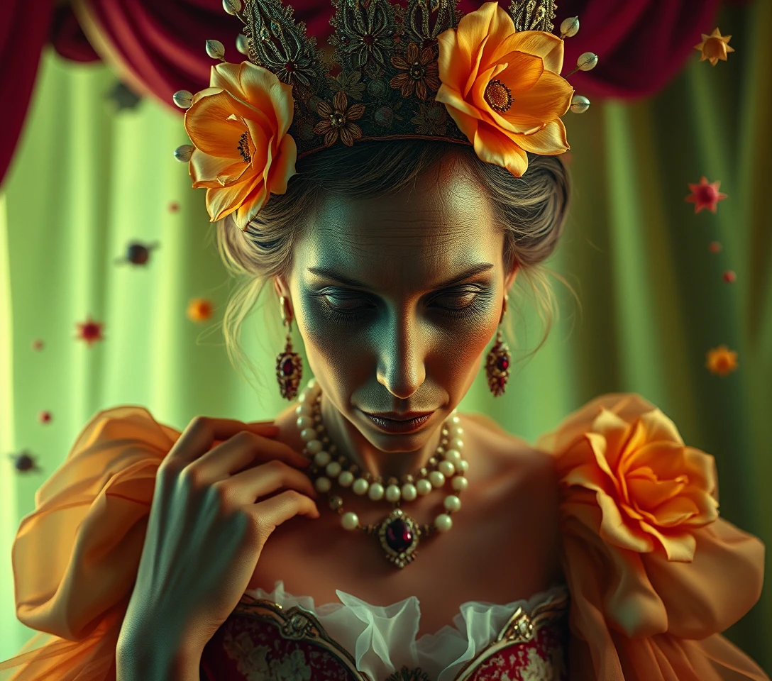 Melancholic flower queen in a surreal comic horror scene