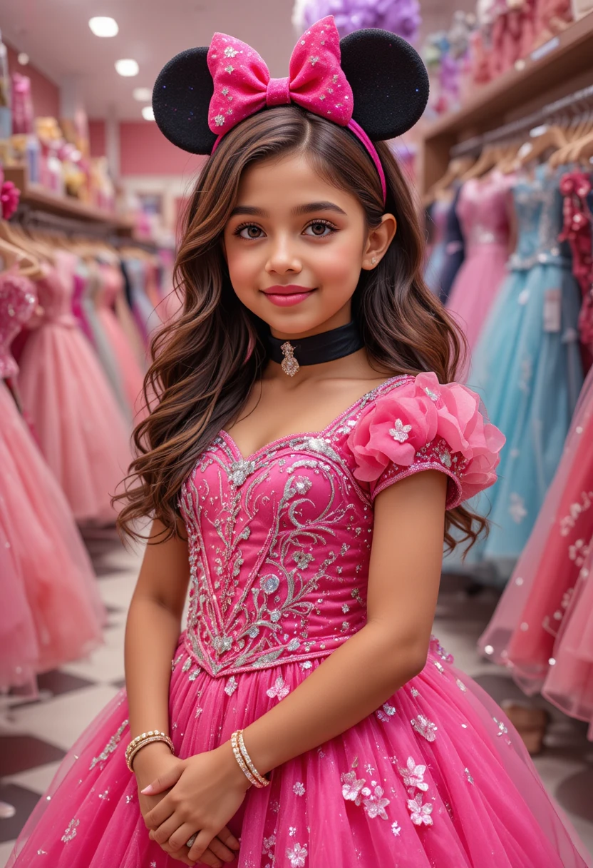 Young princess in pink Minnie dress at boutique