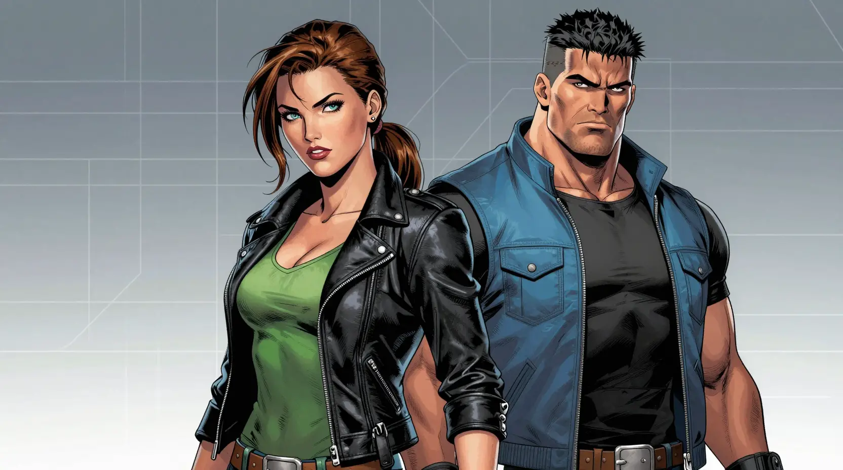 Confident duo in leather and vests with futuristic grid background