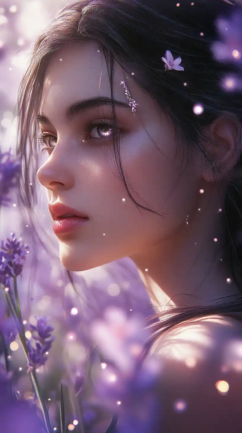 Dreamy girl portrait in a magical lavender garden