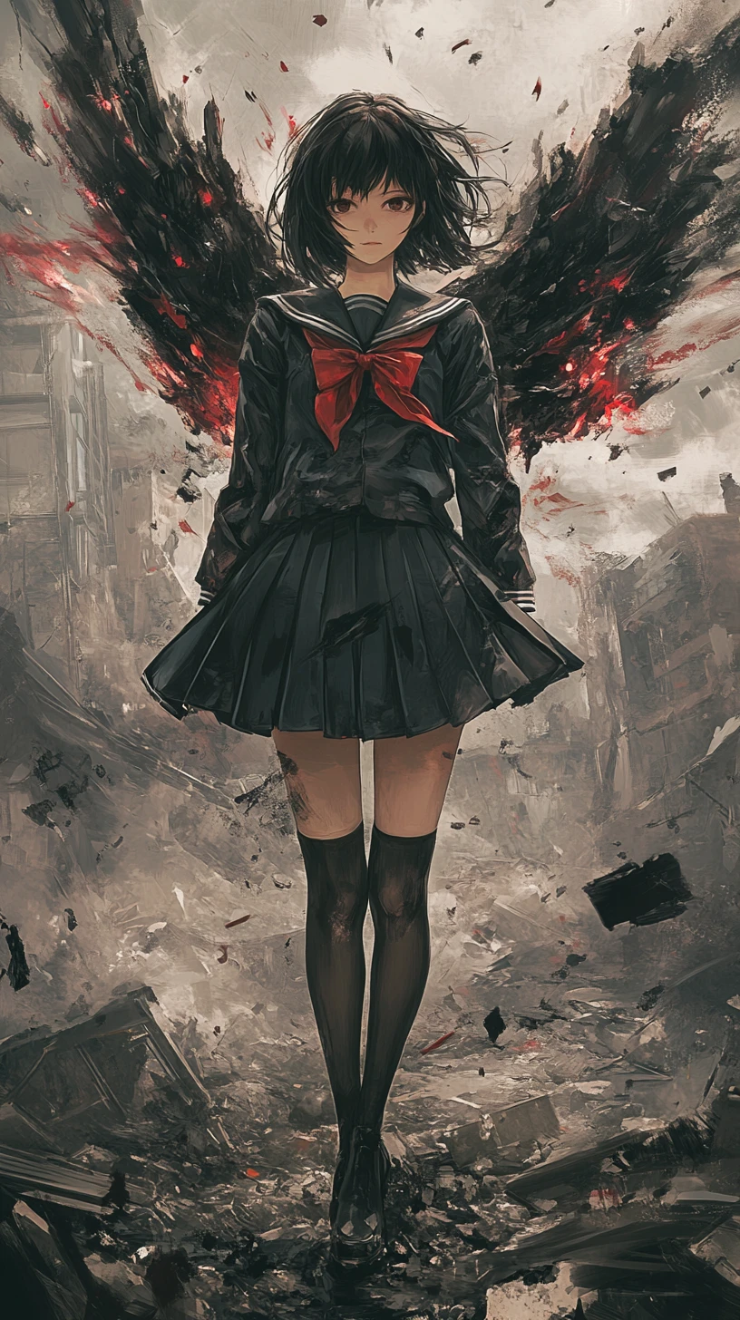 Anime schoolgirl with blood like wings in ruined city