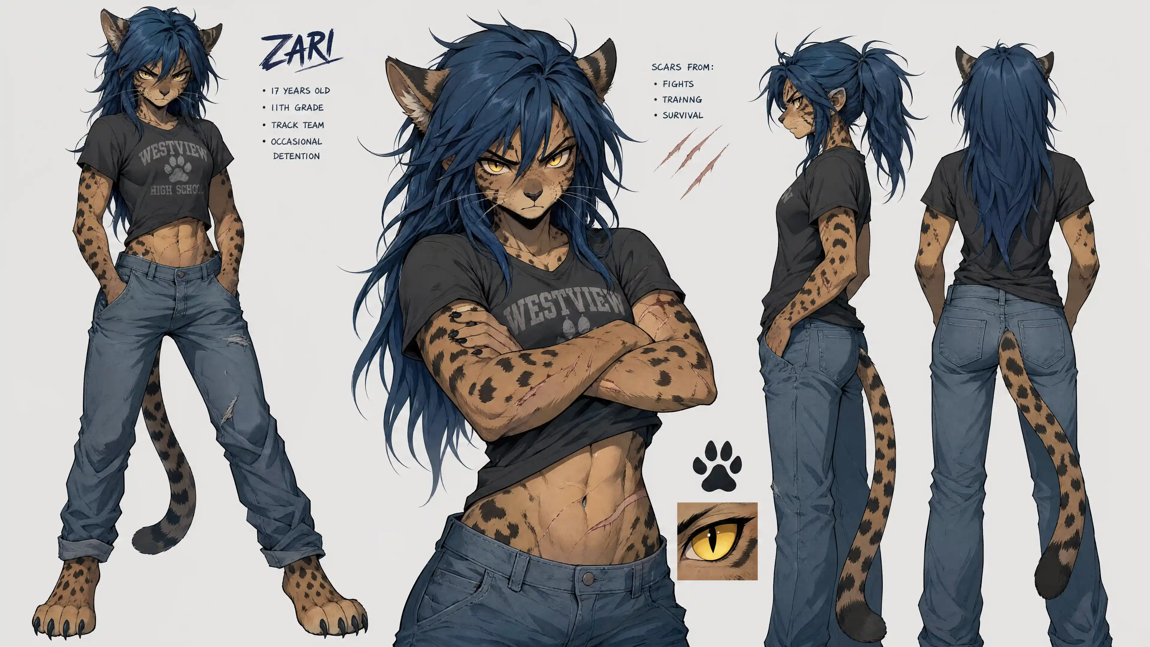 Anthro ocelot schoolgirl with scars and six pack abs
