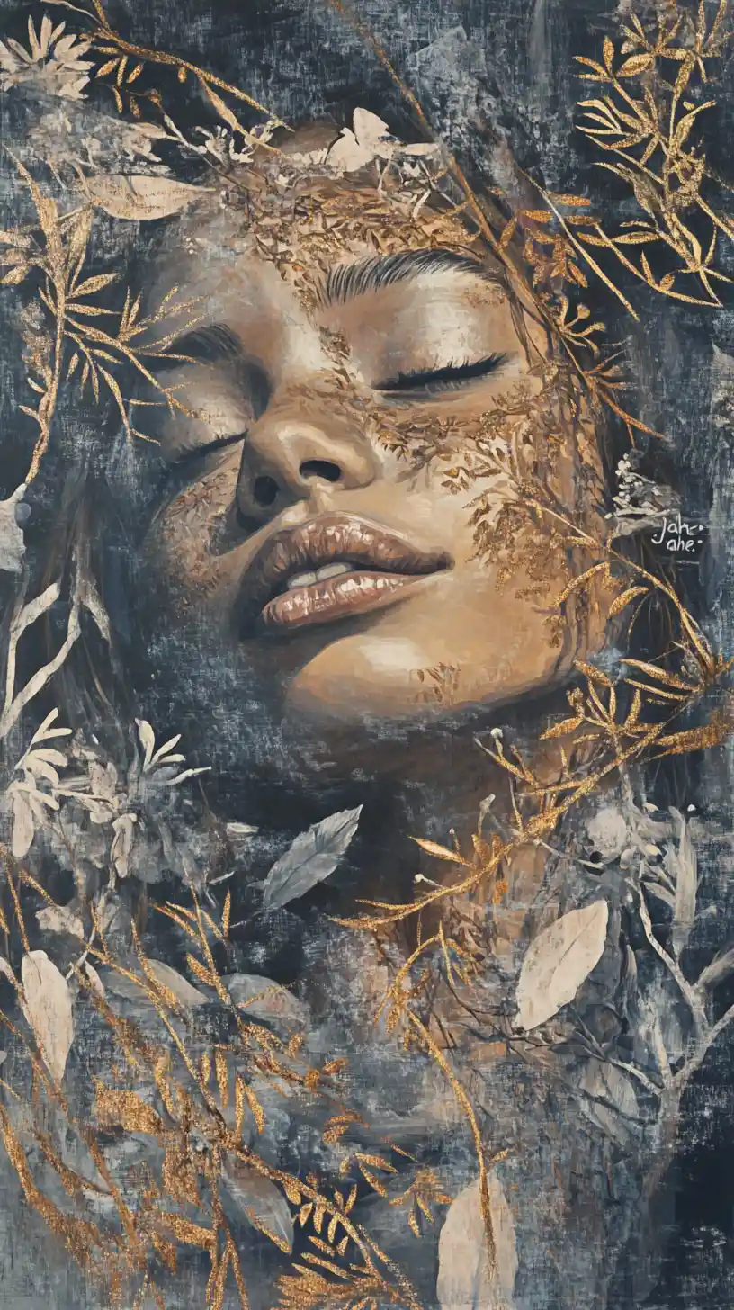 Serene portrait of a tanned woman in floral golden branches