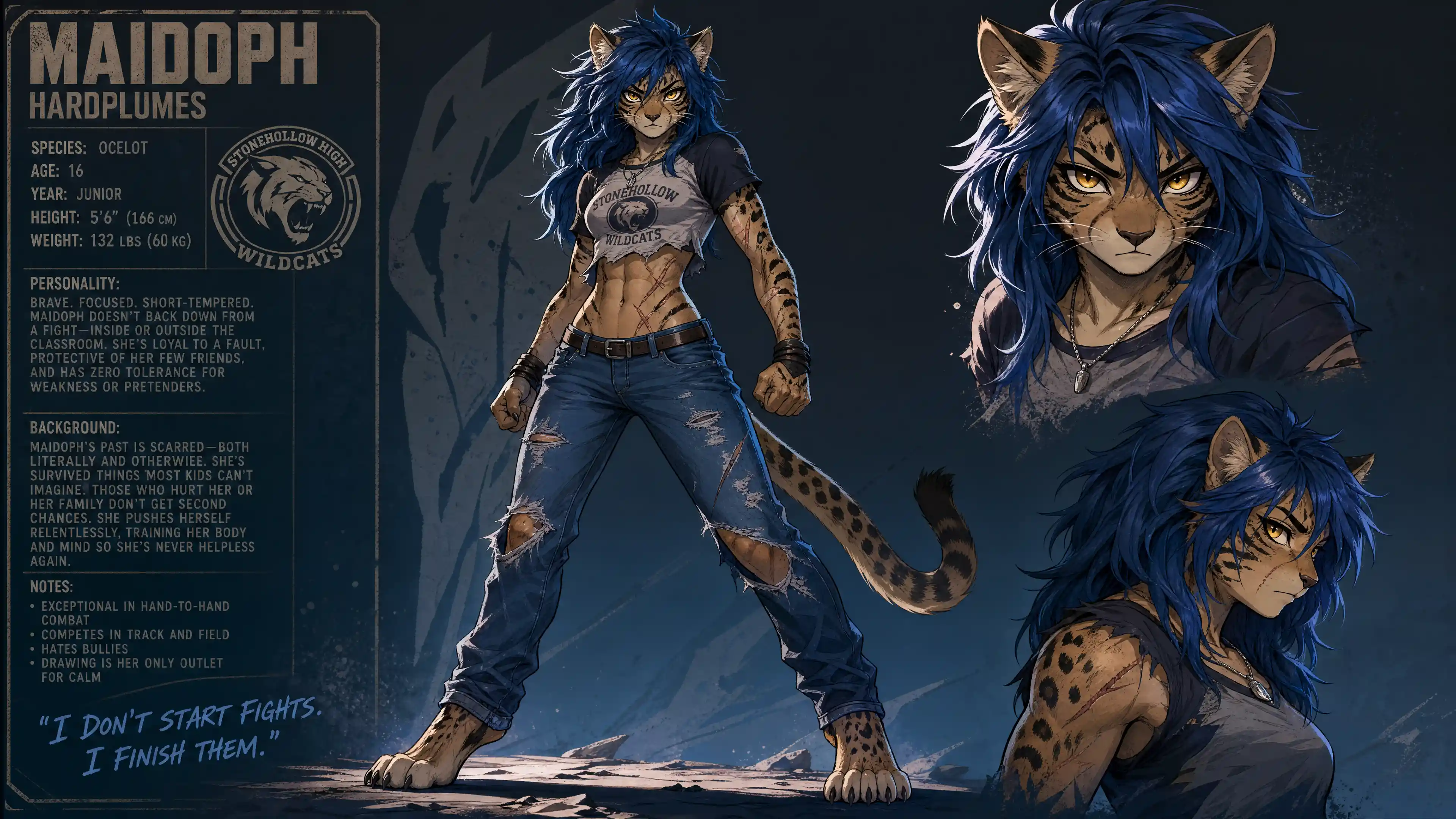 Anthro ocelot schoolgirl with scars and defined abs
