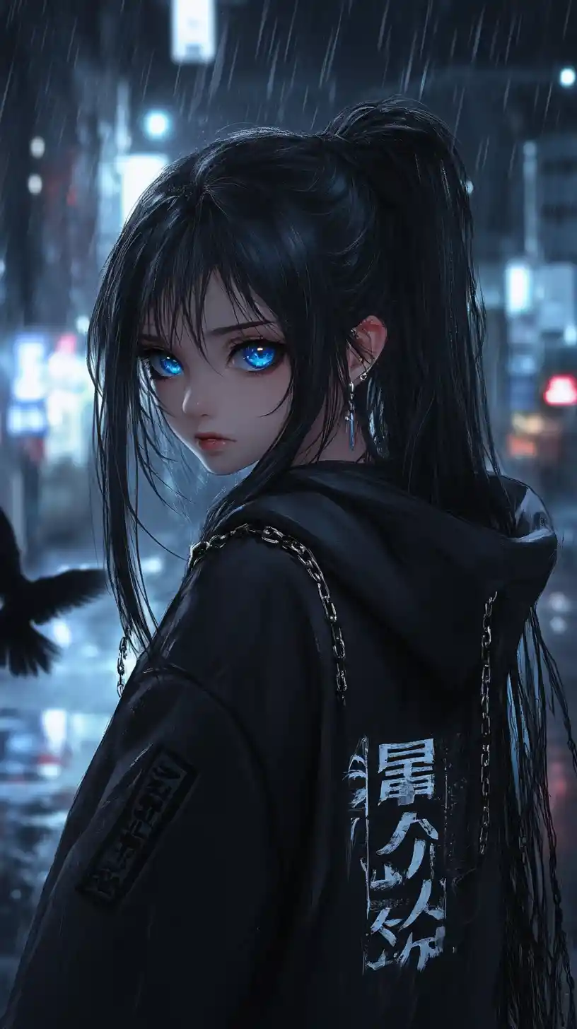 Anime girl in techwear under a neon lit moonlit city