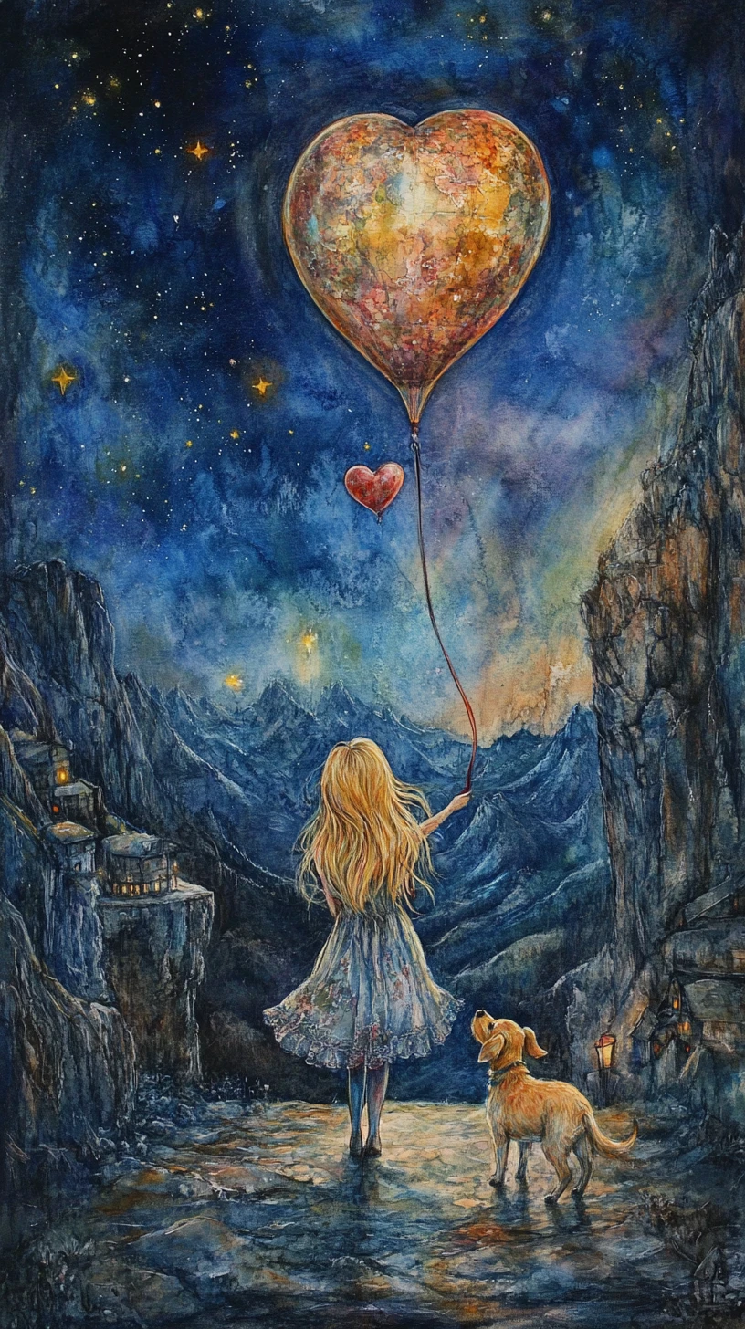 Blonde girl with her dog on a night mountain street