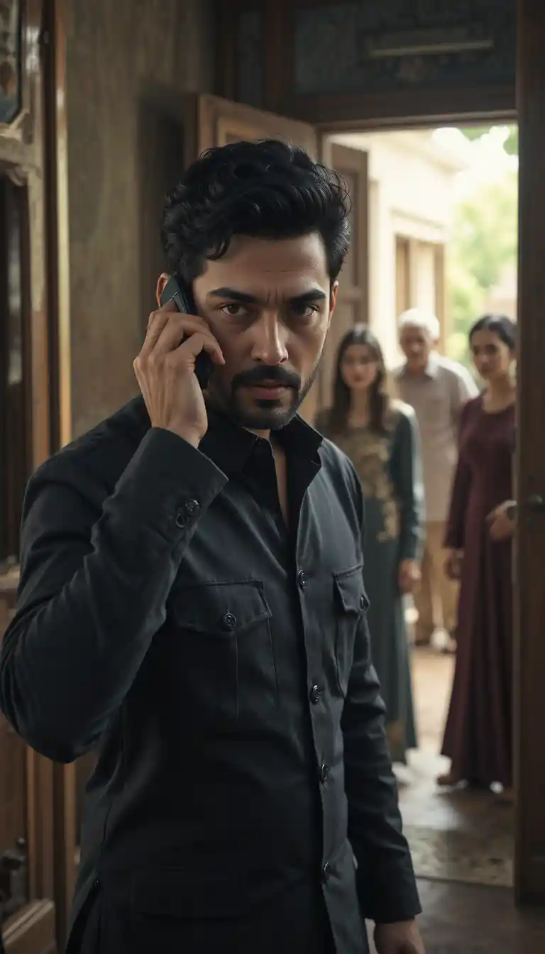 Pakistani man calling police in tense family doorway scene