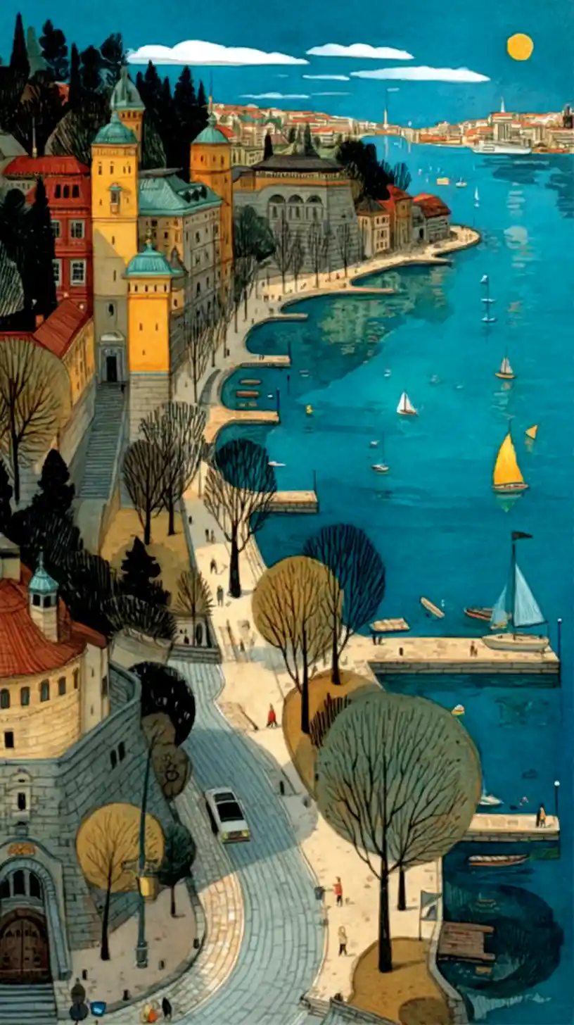 Watercolor view of Oslo harbor and Akershus Fortress