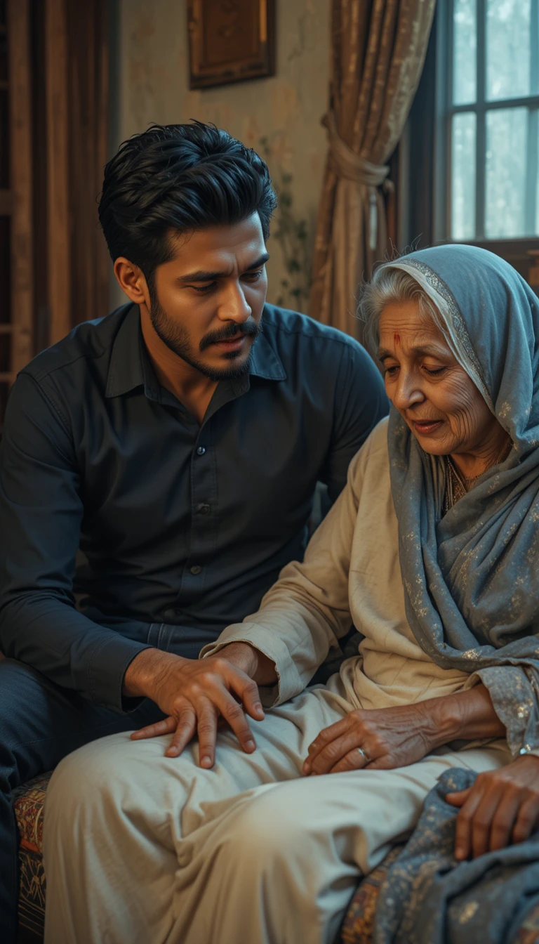 Son comforting elderly parents in a modest Pakistani home