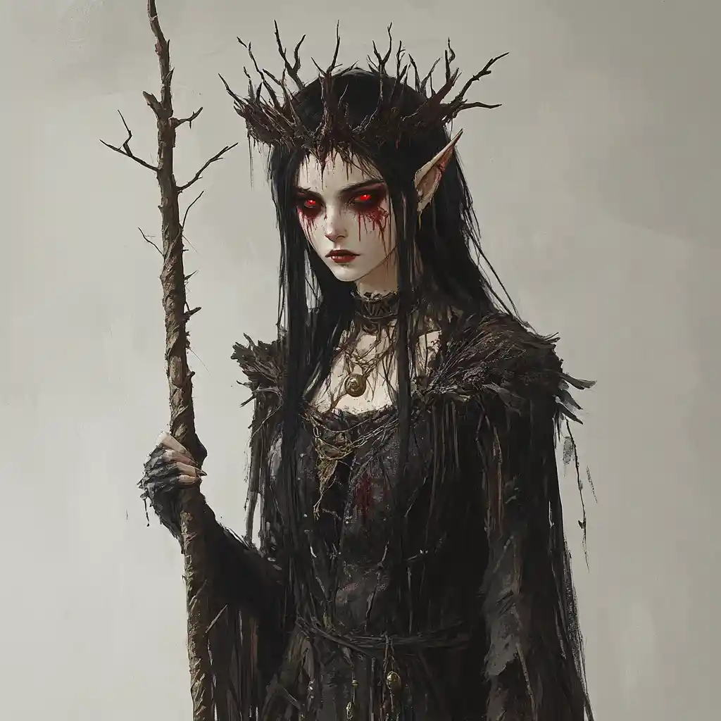 Dark sorceress with horns and staff in tattered robes