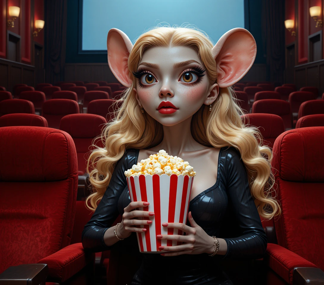 Grey anthropomorphic mouse watching a movie with popcorn