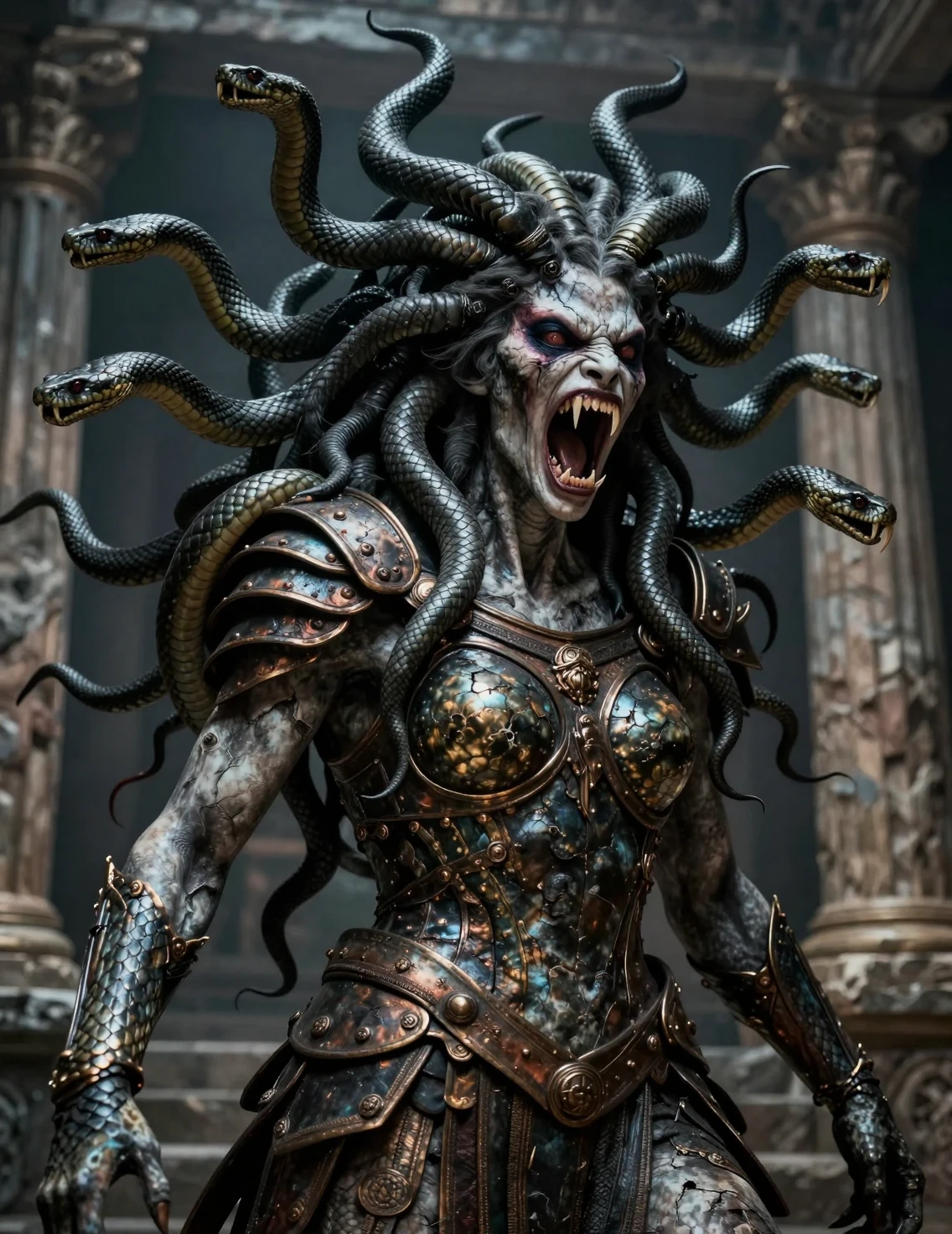 Terrifying Medusa Gorgon Roaring In Ancient Ruined Temple