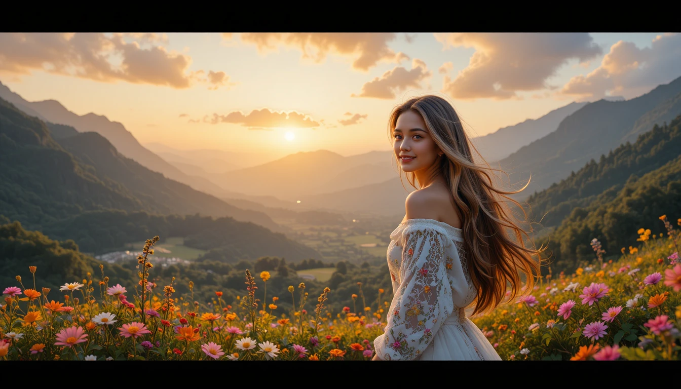 Serene young woman at sunrise over a mountain valley
