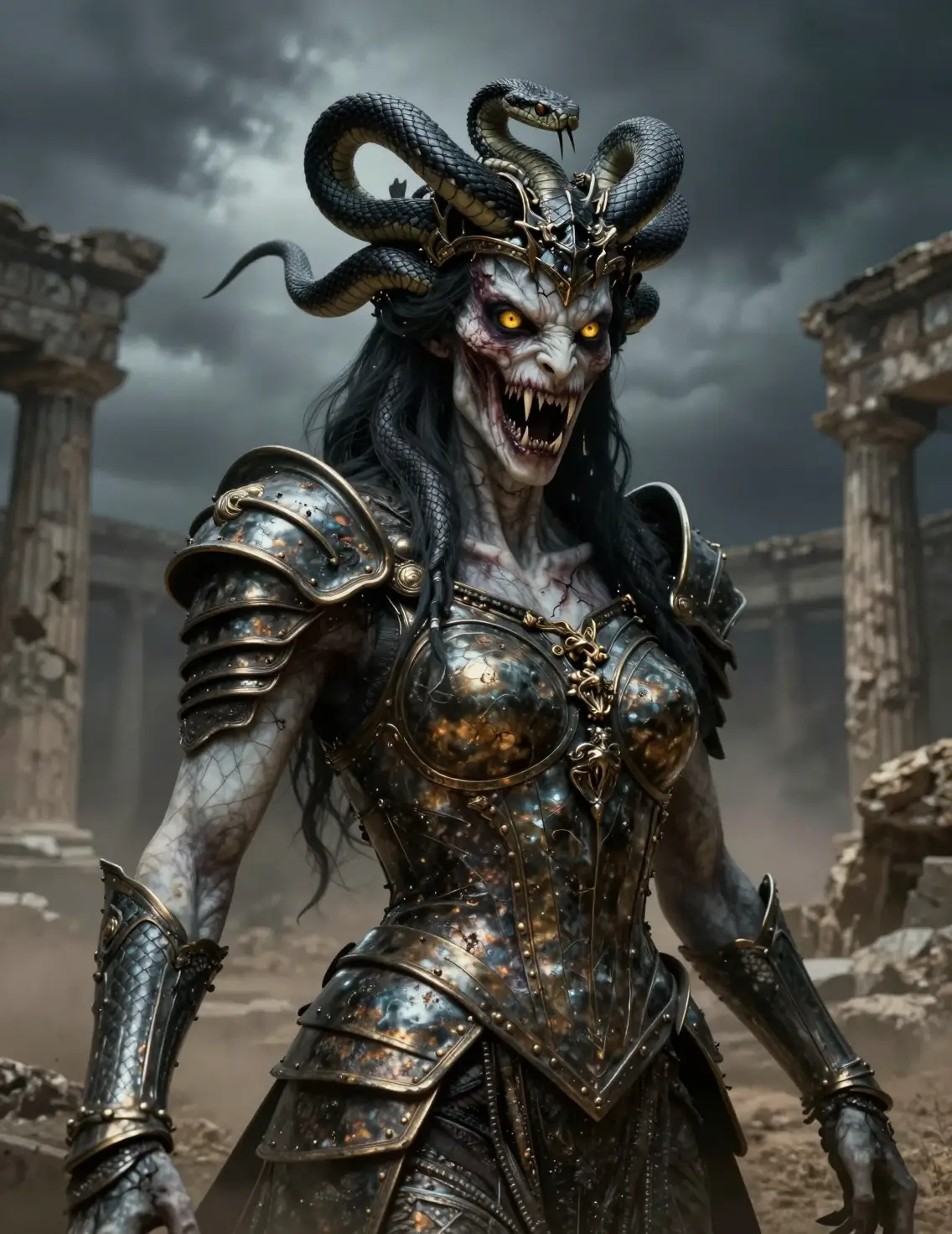 Gorgon queen emerging from shattered ancient Greek ruins
