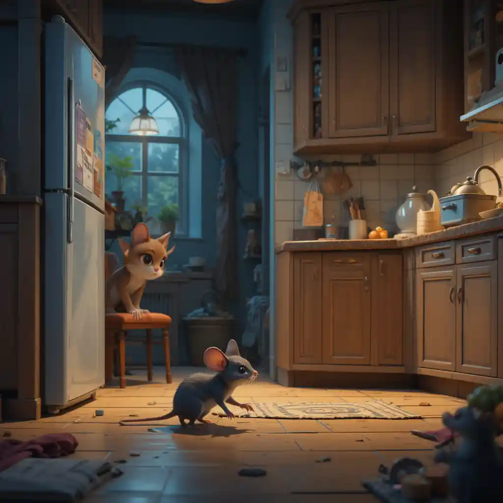 Cute mouse sneaking through a warm night time home kitchen