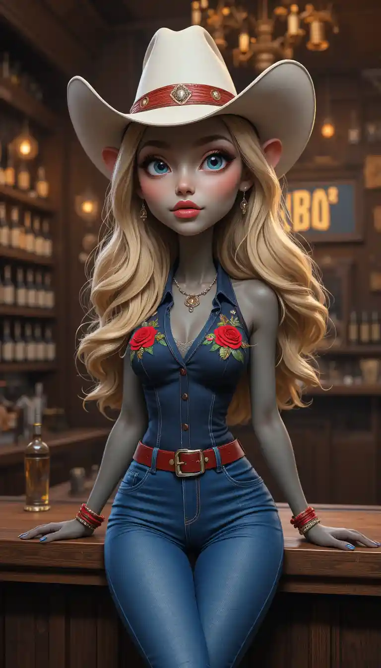 Cowgirl leaning on a wooden bar in warm saloon light