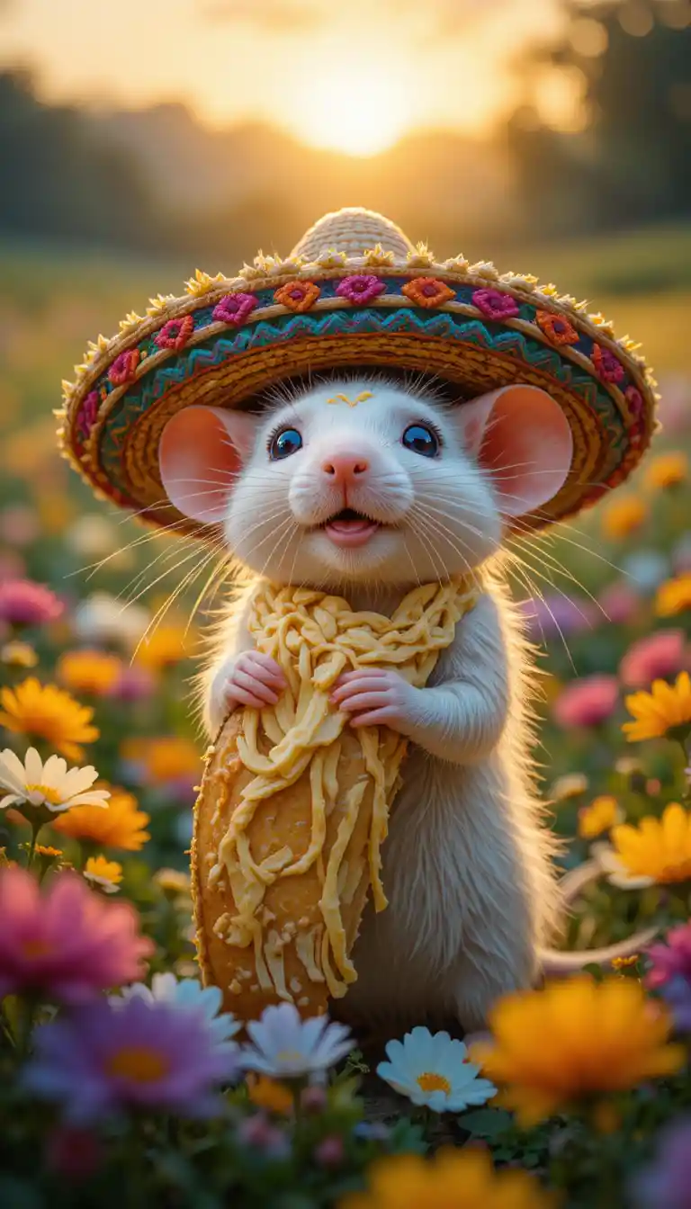 White raccoon in sombrero eating taco at sunset field