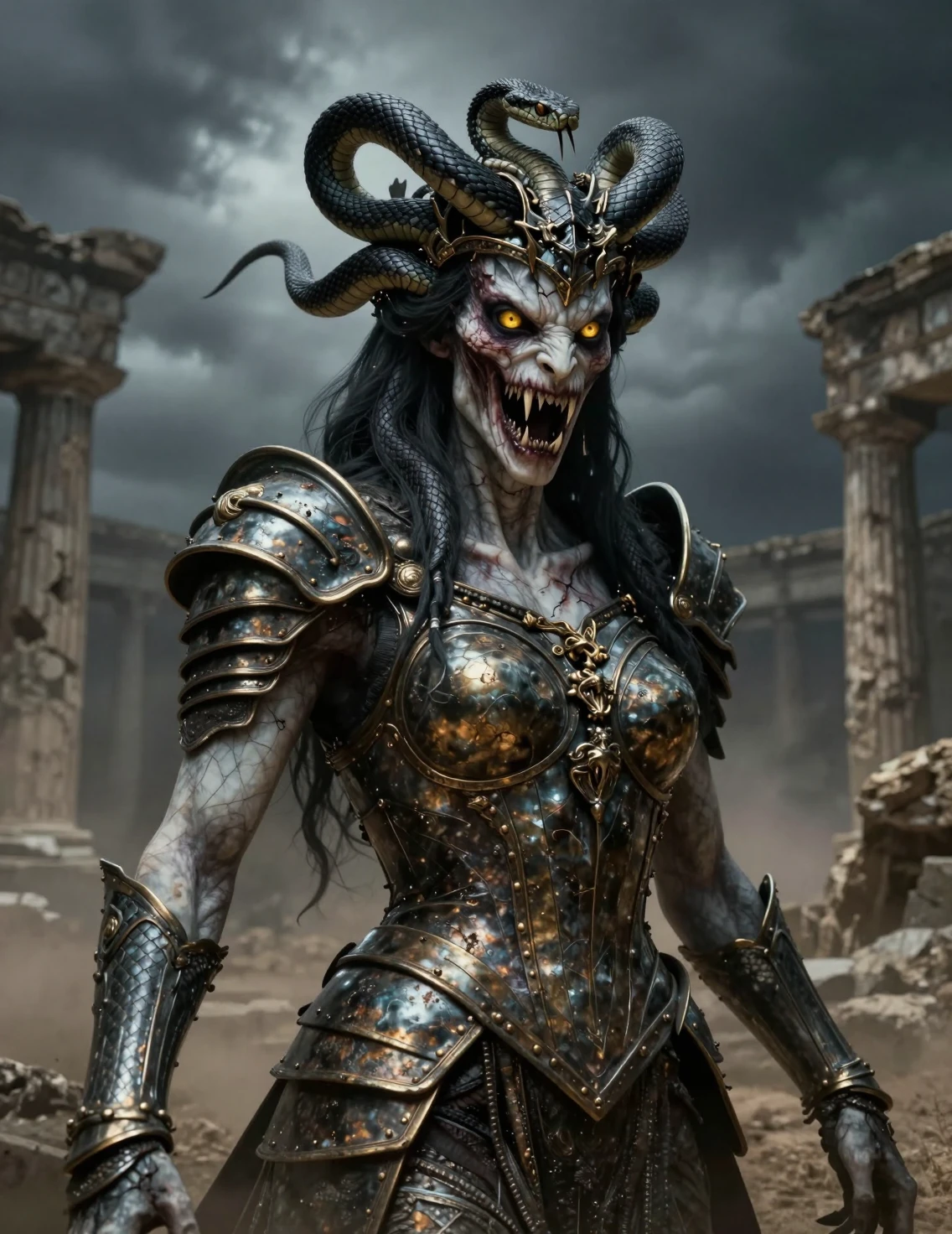 Gorgon queen emerging from shattered ancient Greek ruins
