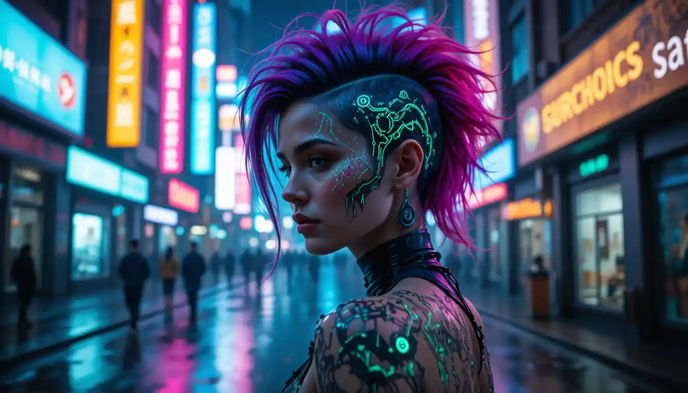 Cyberpunk girl with neon mohawk in futuristic city