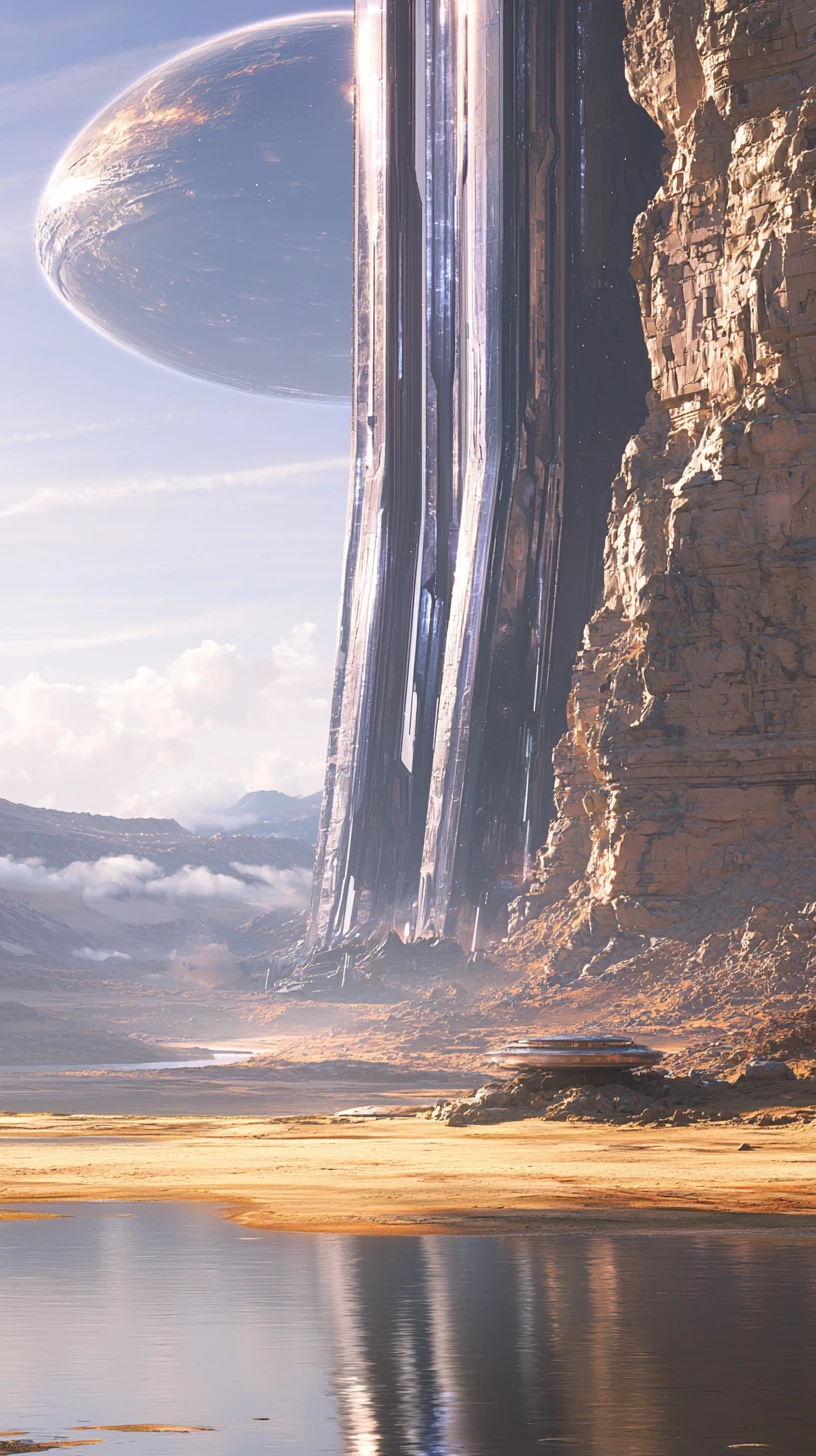 Colossal Crystal Monolith Above Golden Alien Desert