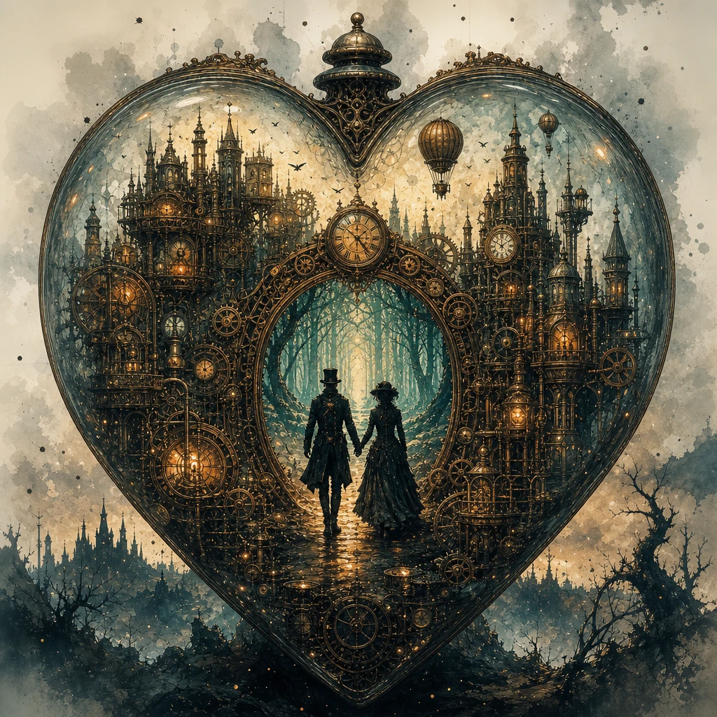Heart Shaped Steampunk City With Couple Walking To Forest Portal