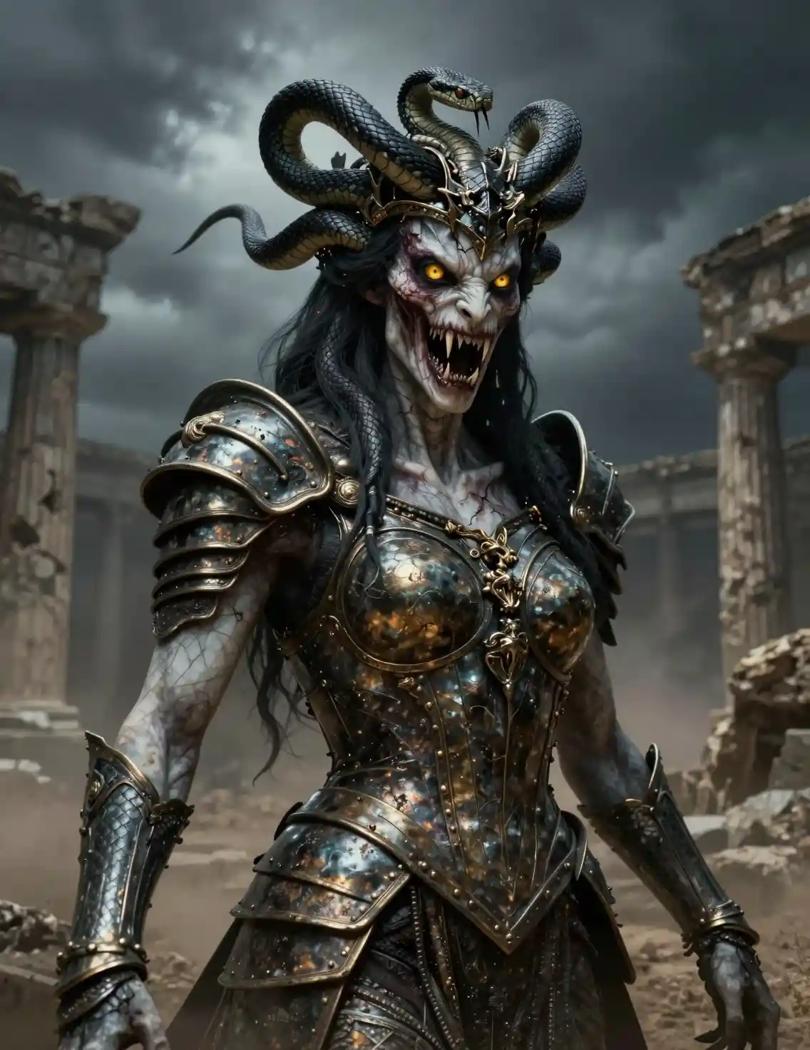 Gorgon queen emerging from shattered ancient Greek ruins