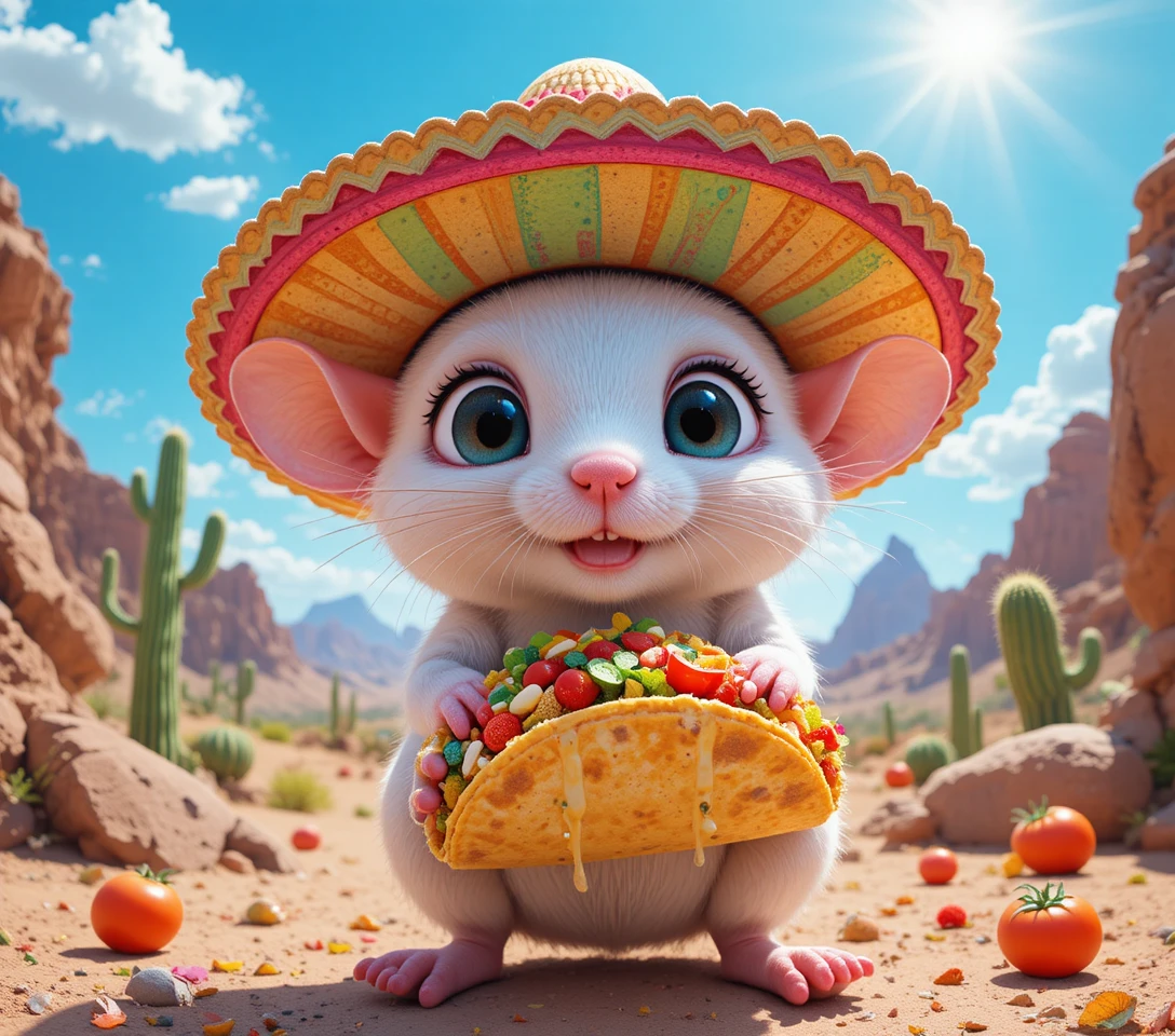 Cute white mouse in sombrero eating taco in desert