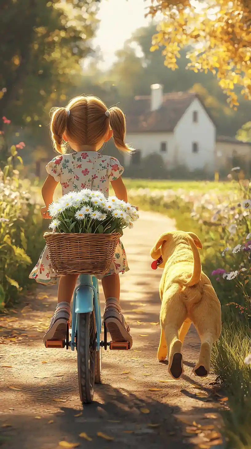 Little girl cycling with dog along sunny country road
