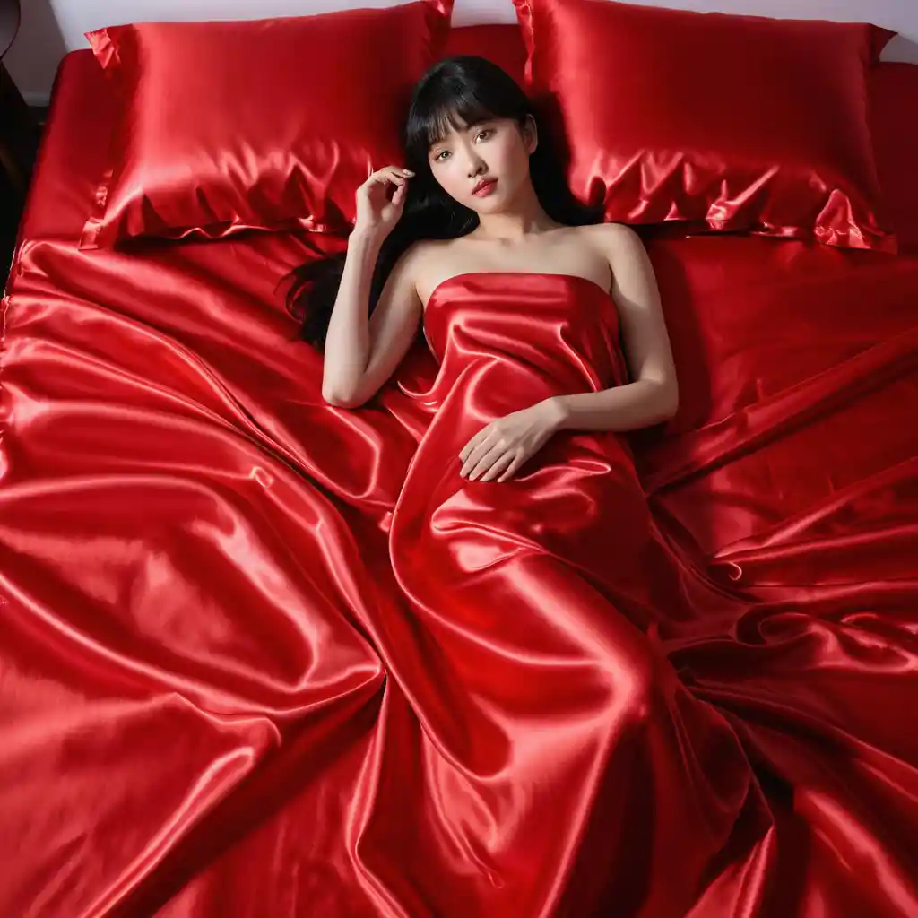 Korean woman lying on red satin sheets looking at viewer