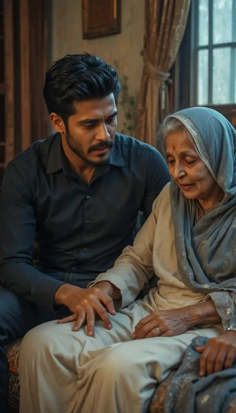 Son comforting elderly parents in a modest Pakistani home