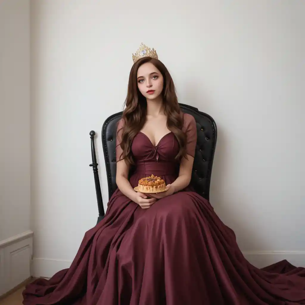 Young woman in wine dress with crown holding cake