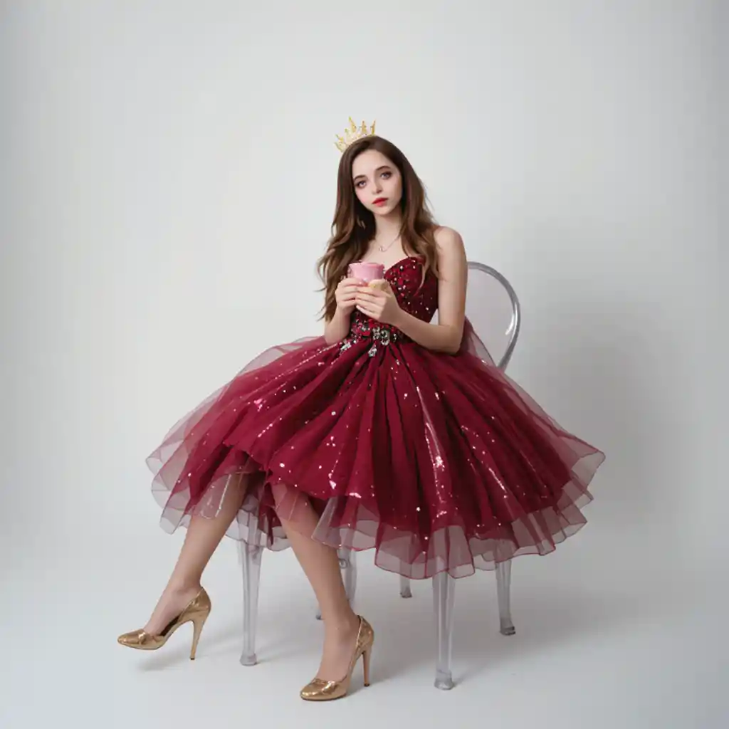 Young woman in wine dress holding birthday cake on white