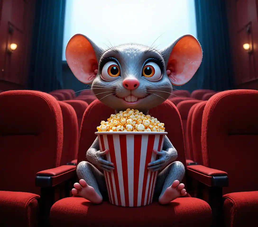 Grey cartoon mouse watching a movie with popcorn
