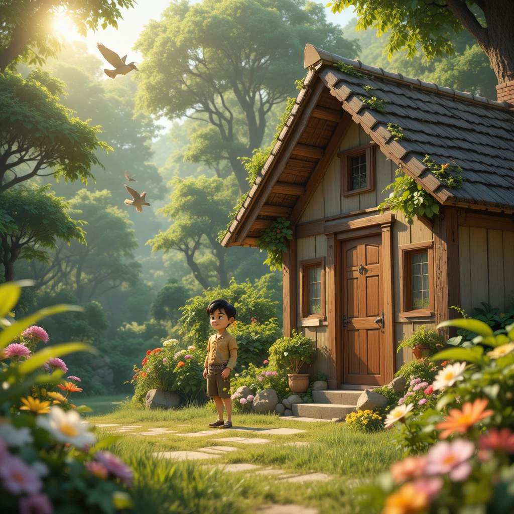 Village house by a lush jungle in morning sunlight