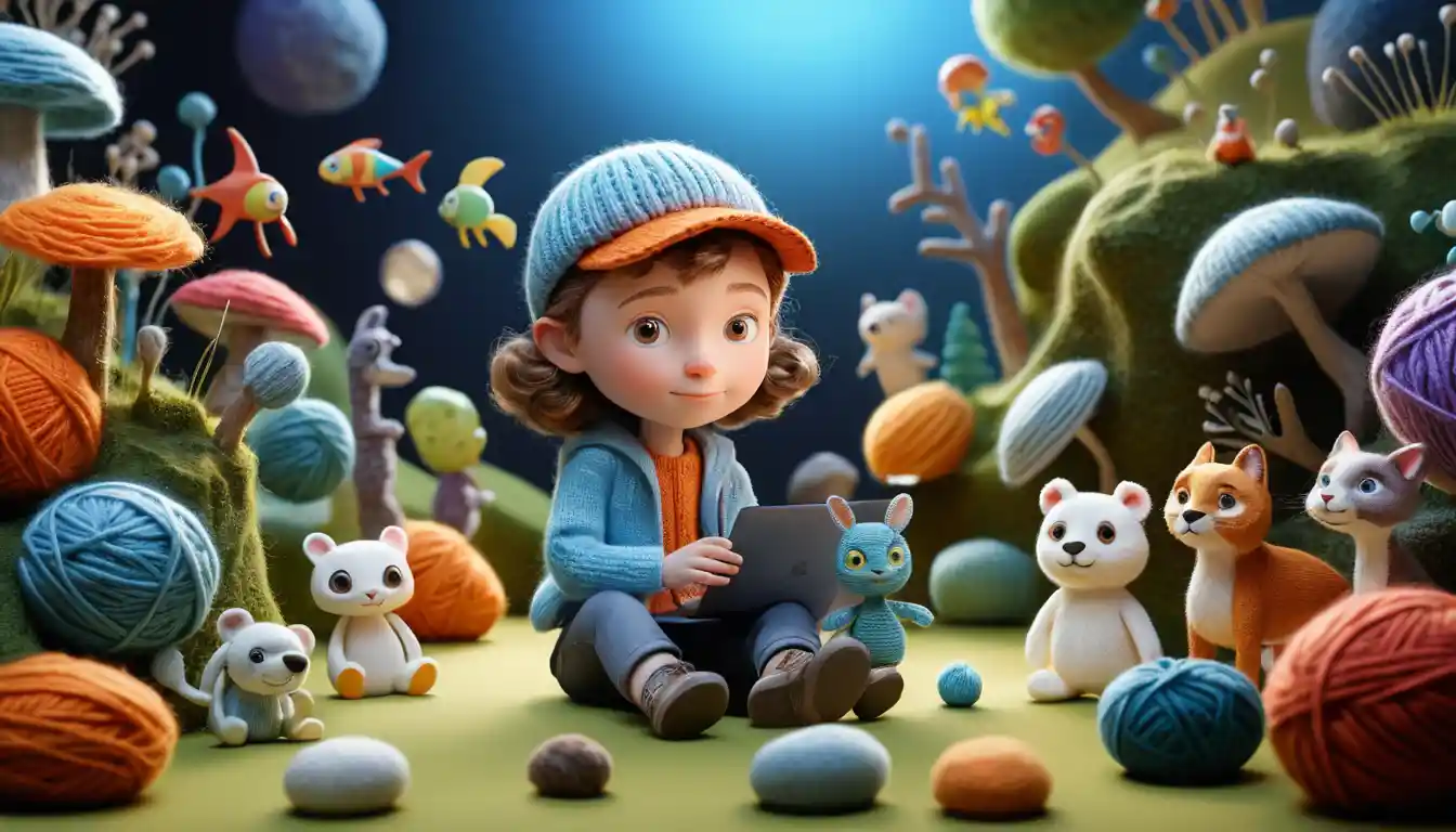 Cute 3d child tech heroine in a playful fantasy world