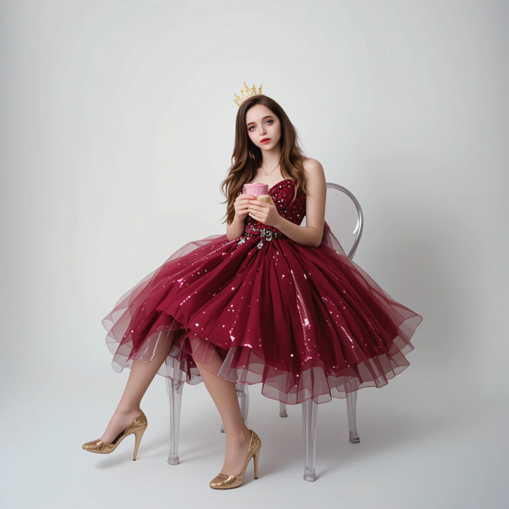 Young woman in wine dress holding birthday cake on white