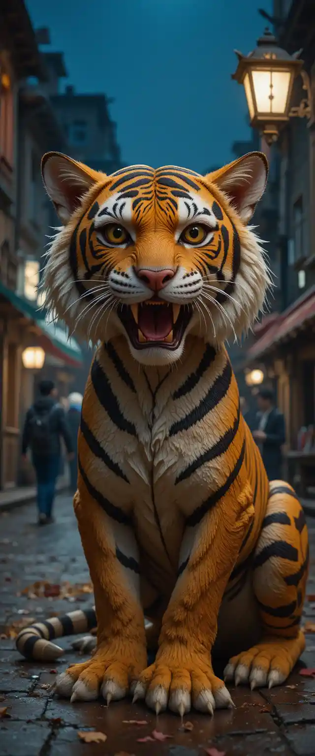 Colorful clay tigers arriving in a quiet night city
