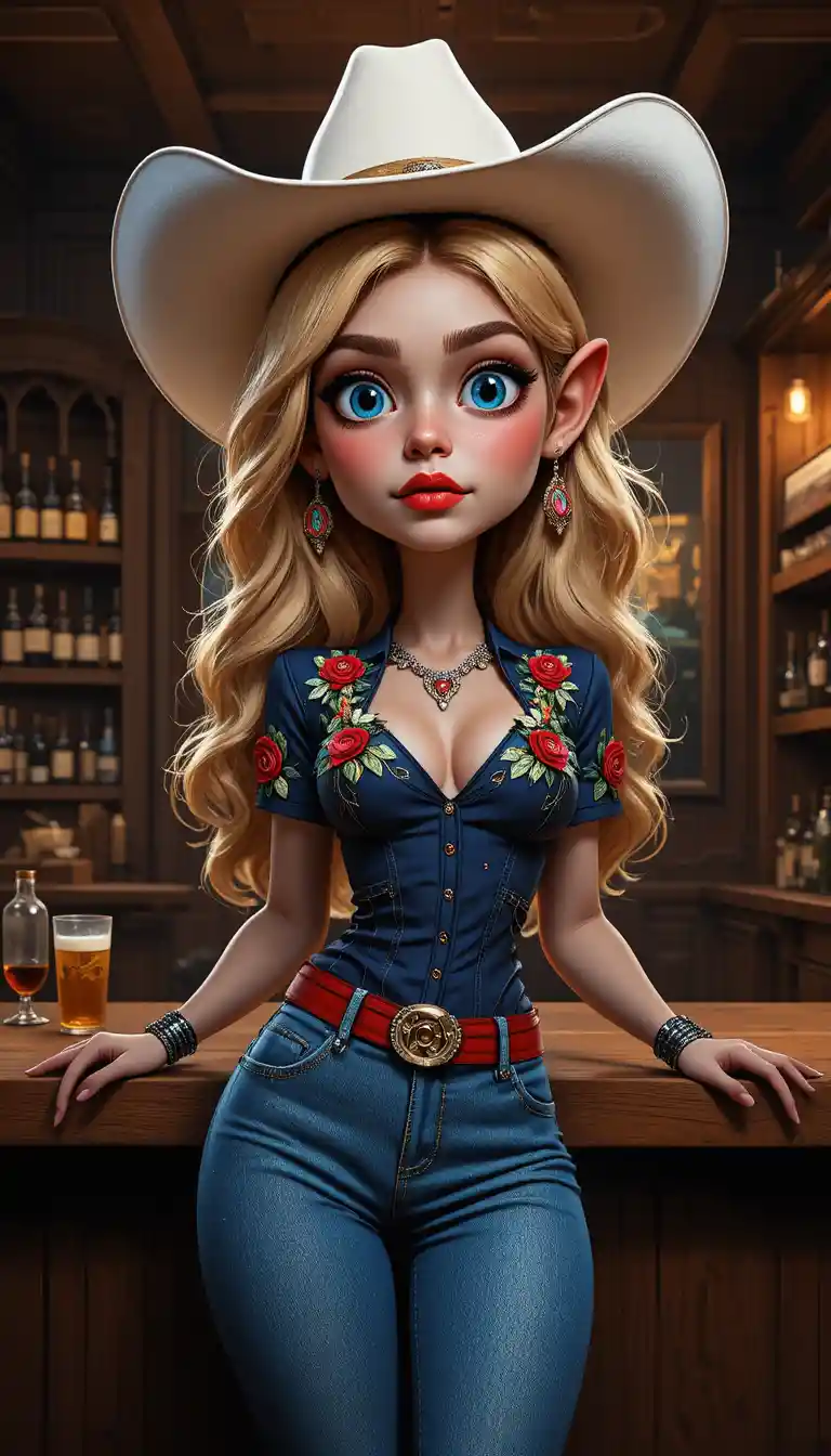 Blonde cowgirl leaning on a saloon bar counter