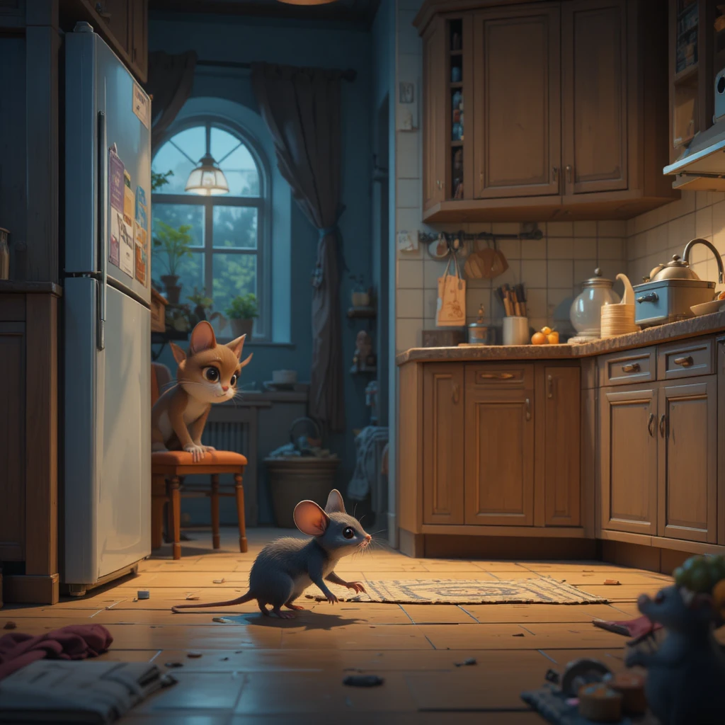 Cute mouse sneaking through a warm night time home kitchen