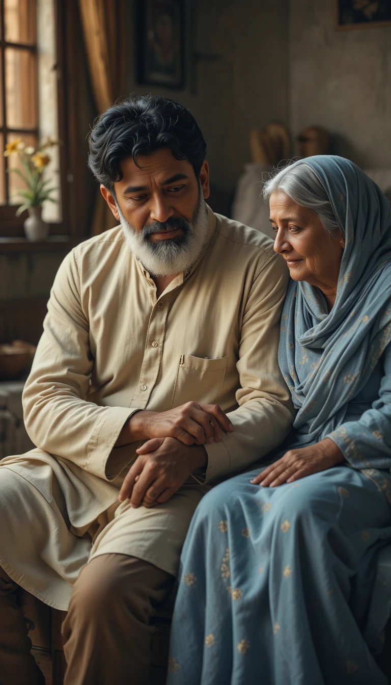 Pakistani son comforting elderly parents in modest home