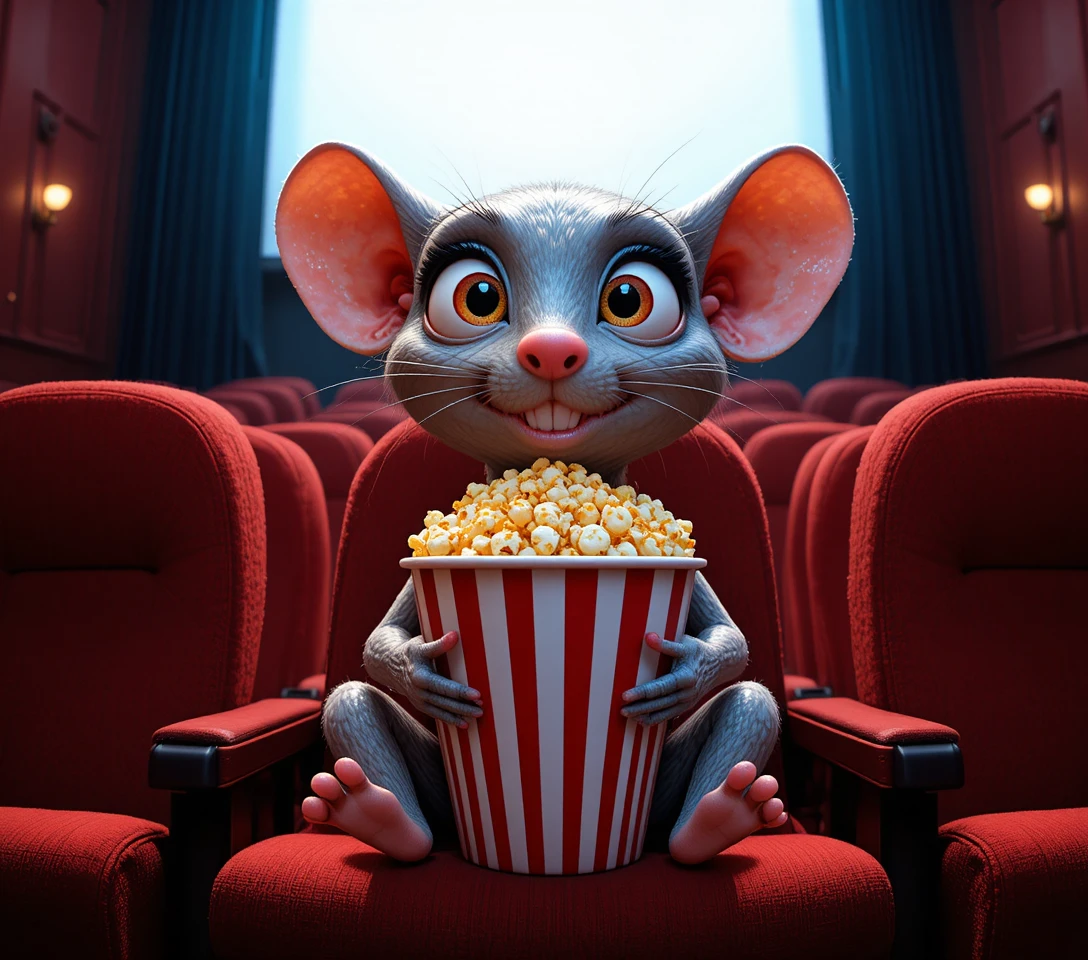 Grey cartoon mouse watching a movie with popcorn