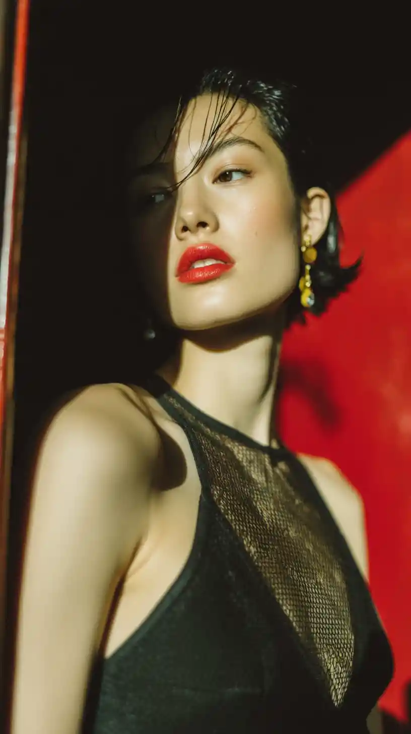 Confident beauty portrait with slicked hair and bold lip