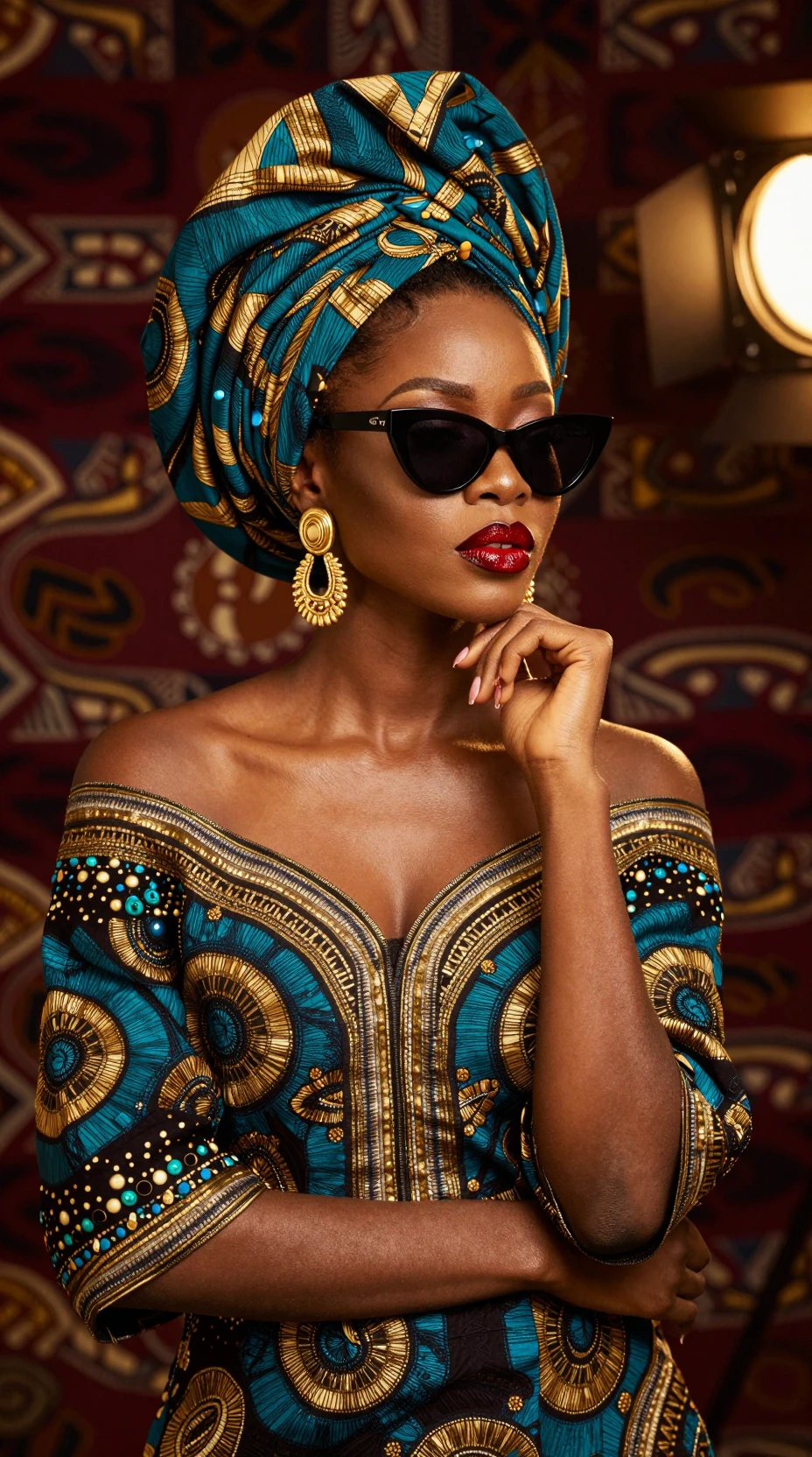 Femme royale en tenue africaine vert sarcelle et or avec lunettes de soleil