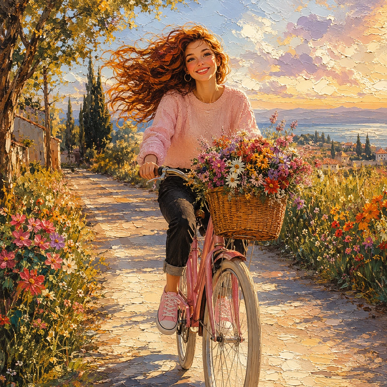 Young woman cycling along a flower lined country road